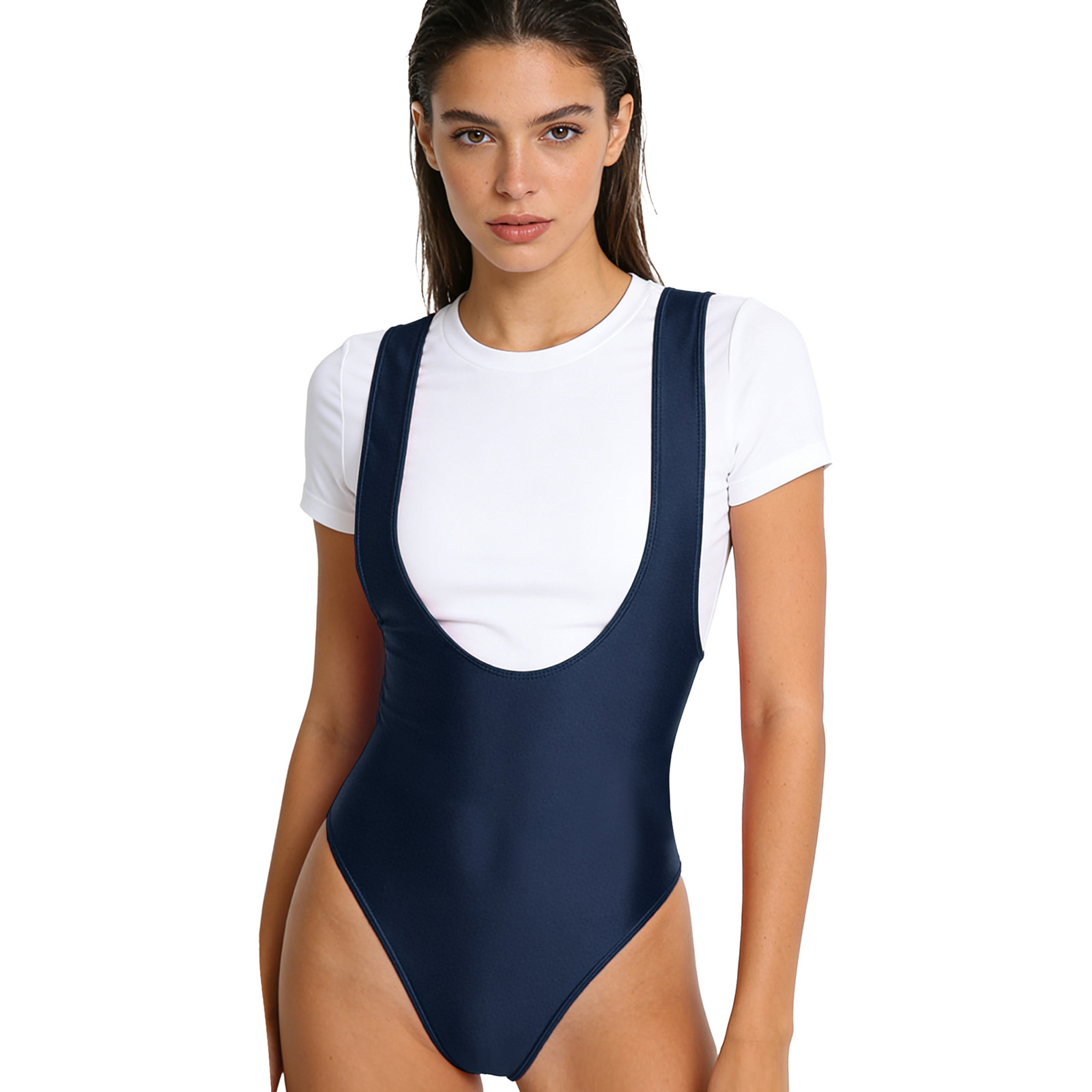 Women Glossy Slim Fit Low Neck - Pilates Yoga One 评论和价格